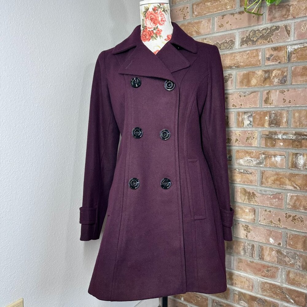 Anne Klein Double Breasted Wool Blend Coat Plum Womens Size Small
